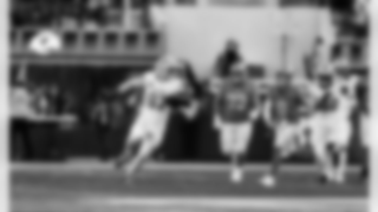 Detroit Lions edge rusher Aidan Hutchinson (97) intercepts a pass during an NFL football game against the Los Angeles Rams on Sunday, Dec. 14, 2025 in Inglewood, Calif. (Jeff Nguyen/Detroit Lions via AP)