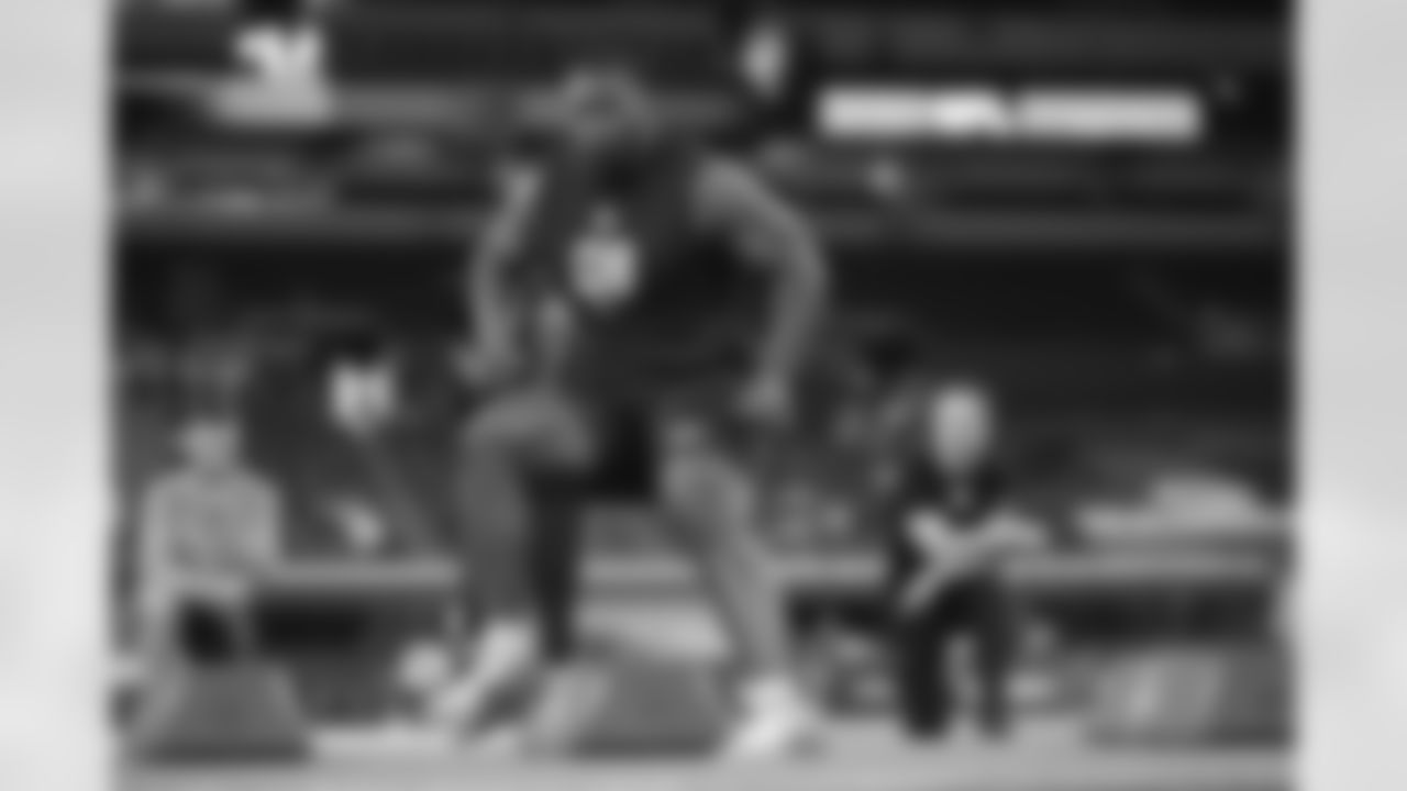 Penn State defensive lineman Zane Durant (08) runs a drill at the NFL football scouting combine in Indianapolis, Thursday, Feb. 26, 2026. (AP Photo/Michael Conroy)