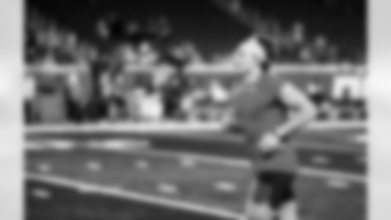 Detroit Lions linebacker Malcolm Rodriguez (44) before an NFL football game against the Green Bay Packers on Thursday, Nov. 27, 2025 in Detroit. (Jeff Nguyen/Detroit Lions via AP)