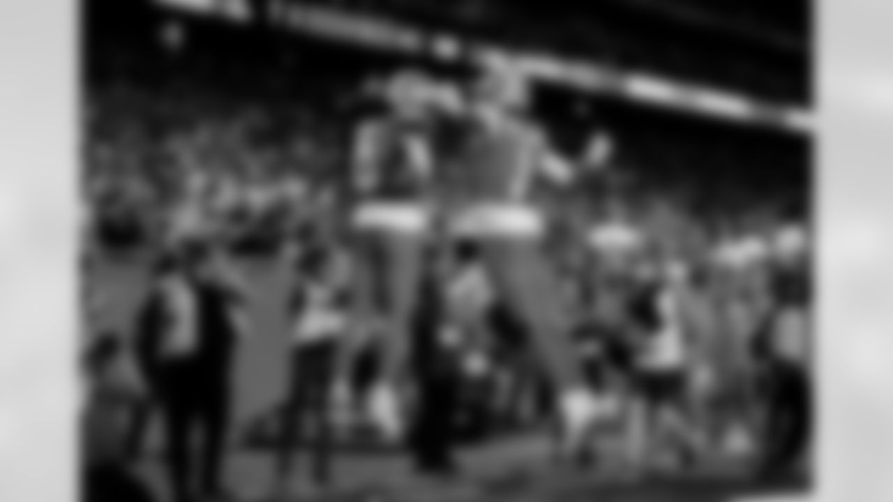 Detroit Lions running back Jahmyr Gibbs (0) and Detroit Lions wide receiver Jameson Williams (1) celebrate after a touchdown during an NFL football game against the Cleveland Browns on Sunday, Sept. 28, 2025 in Detroit. (Jeff Nguyen/Detroit Lions via AP)