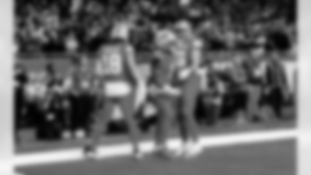 Detroit Lions wide receiver Isaac TeSlaa (18), Detroit Lions running back Jahmyr Gibbs (0), Detroit Lions tight end Anthony Firkser (86) celebrate after a touchdown during an NFL football game against the Pittsburgh Steelers on Sunday, Dec. 21, 2025 in Detroit. (Jeff Nguyen/Detroit Lions via AP)