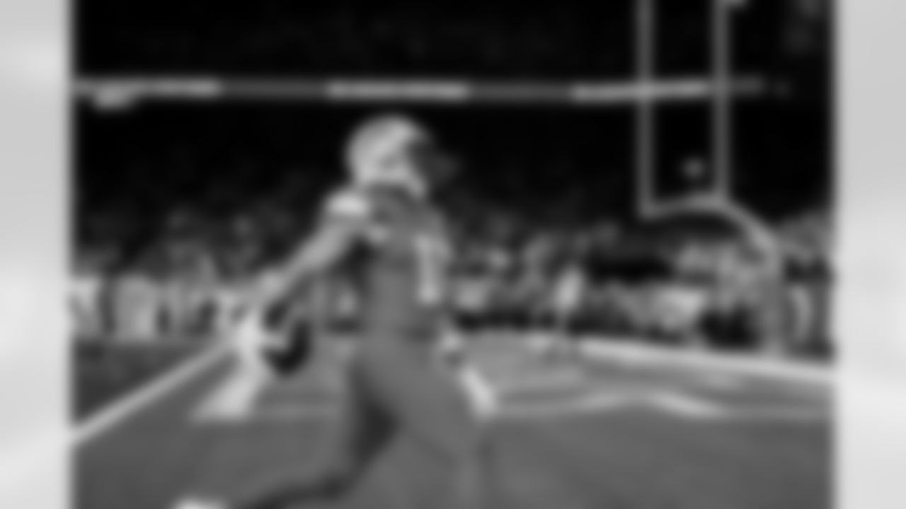 Detroit Lions wide receiver Kalif Raymond (11) scores a touchdown during an NFL football game against the Pittsburgh Steelers on Sunday, Dec. 21, 2025 in Detroit. (Jeff Nguyen/Detroit Lions via AP)