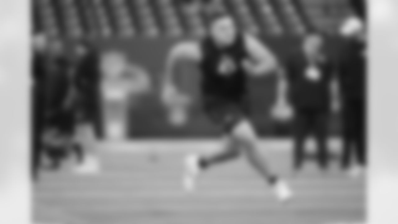 Notre Dame offensive lineman Billy Schrauth (45) runs a drill at the NFL football scouting combine in Indianapolis, Sunday, March 1, 2026. (AP Photo/Michael Conroy)