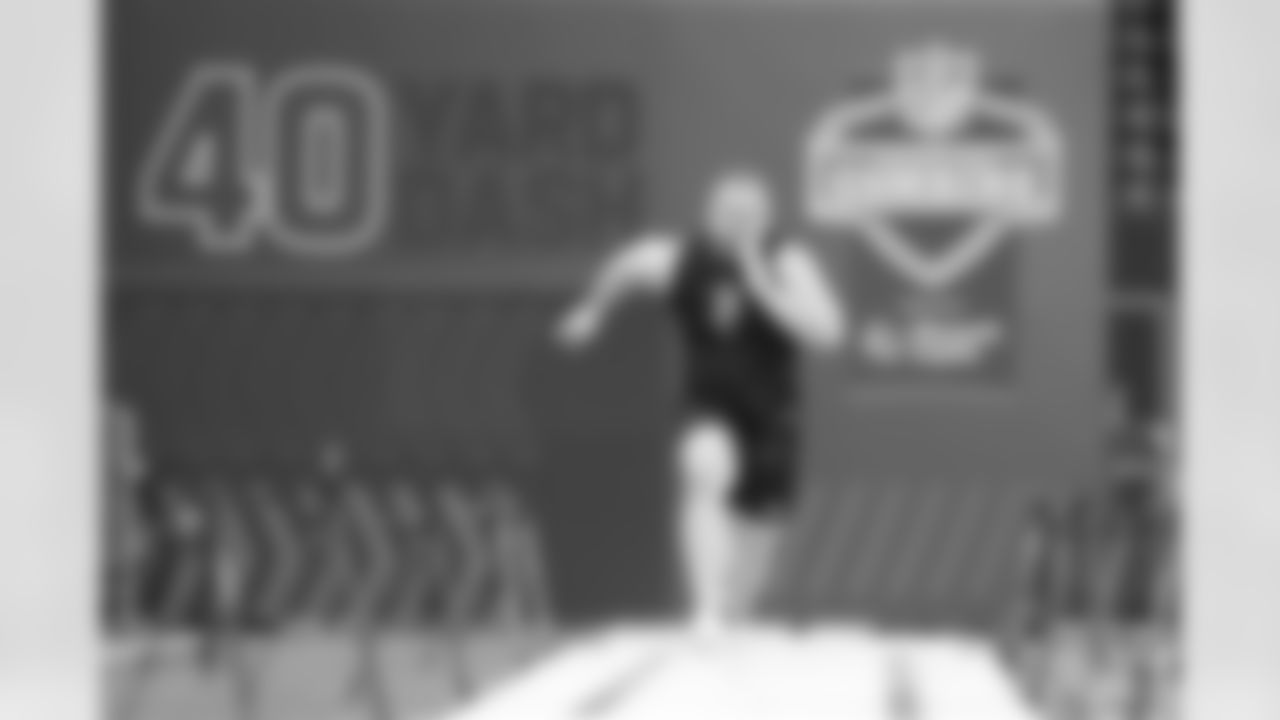 Iowa offensive lineman Logan Jones (31) runs a drill at the NFL football scouting combine in Indianapolis, Sunday, March 1, 2026. (AP Photo/Michael Conroy)