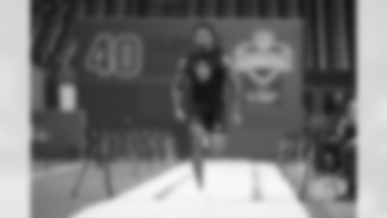 LSU wide receiver Zavion Thomas (38) runs a drill at the NFL football scouting combine in Indianapolis, Saturday, Feb. 28, 2026. (AP Photo/Michael Conroy)