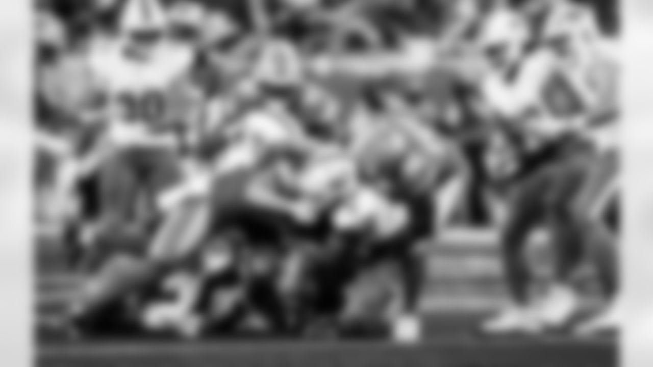 Detroit Lions linebacker Grant Stuard (15), Detroit Lions linebacker Zach Cunningham (52), Detroit Lions edge rusher Al-Quadin Muhammad (96), and Detroit Lions defensive lineman Pat O'Connor (95) during an NFL football game against the Miami Dolphins, Saturday, August 16 in Detroit. (Jeff Nguyen/Detroit Lions via AP)