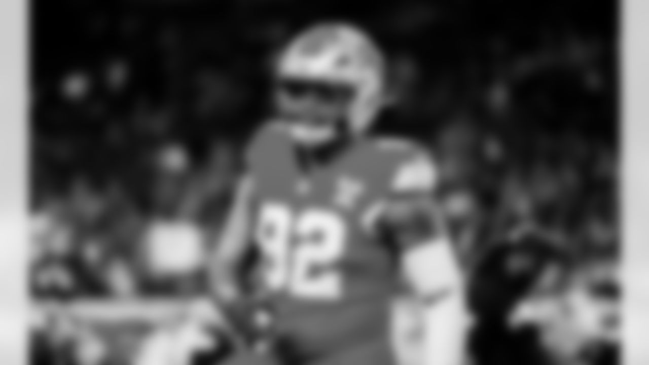 Detroit Lions edge rusher Marcus Davenport (92) before an NFL football game against the Pittsburgh Steelers on Sunday, Dec. 21, 2025 in Detroit. (Jeff Nguyen/Detroit Lions via AP)