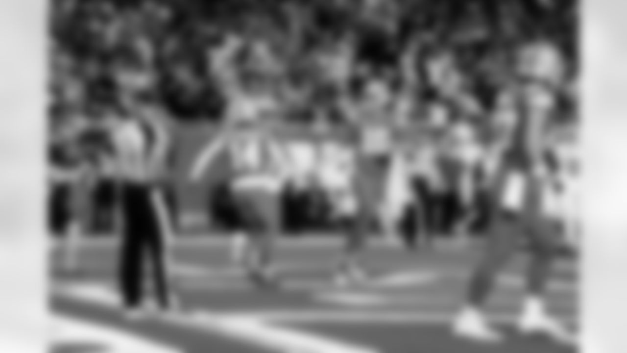 Detroit Lions wide receiver Amon-Ra St. Brown (14) and Detroit Lions quarterback Jared Goff (16) celebrate after a touchdown during an NFL football game against the Cleveland Browns on Sunday, Sept. 28, 2025 in Detroit. (Jeff Nguyen/Detroit Lions via AP)