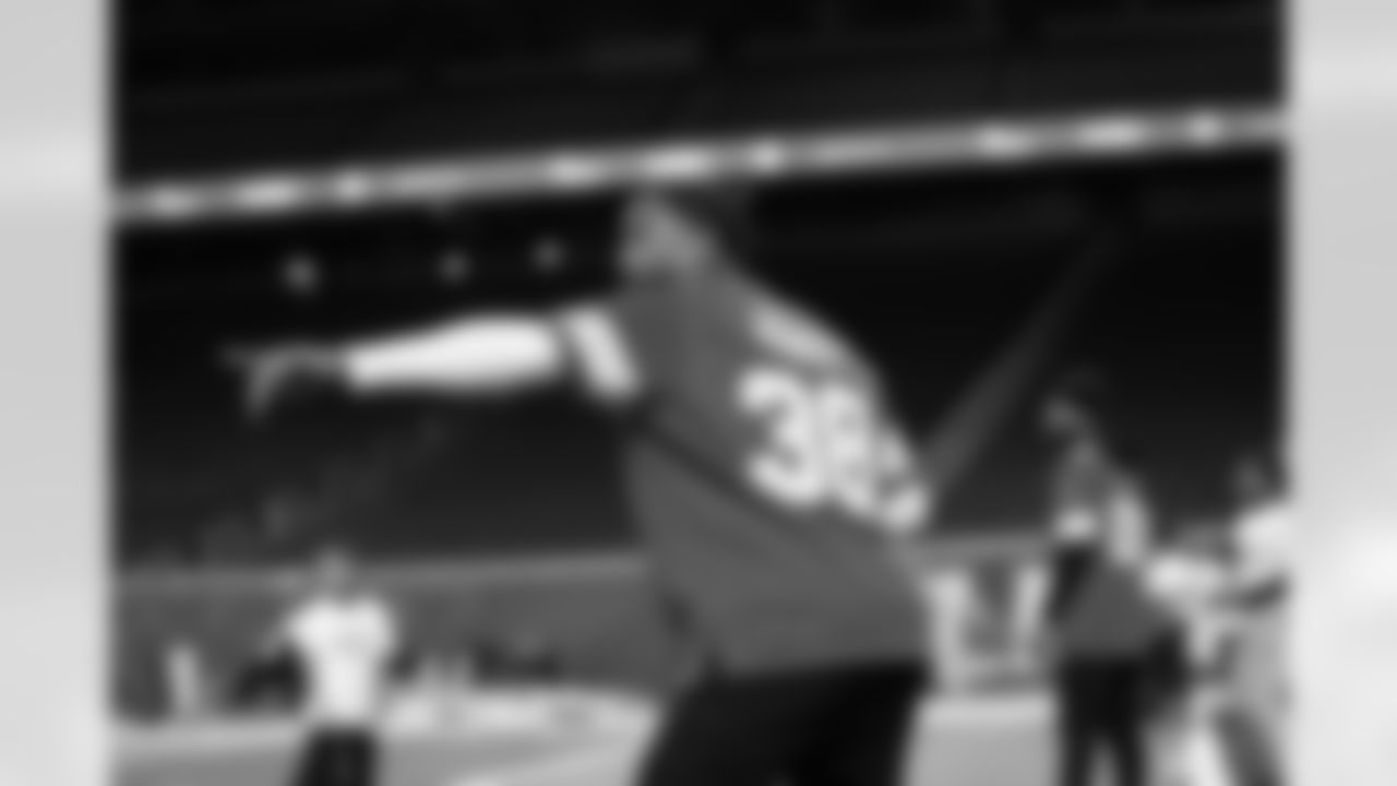 Lions Legend Ross Weaver participating in a drill during the Inspire Change Football Clinic at Ford Field on Dec. 9, 2025 in Detroit. (Izzy Rincon/Detroit Lions)