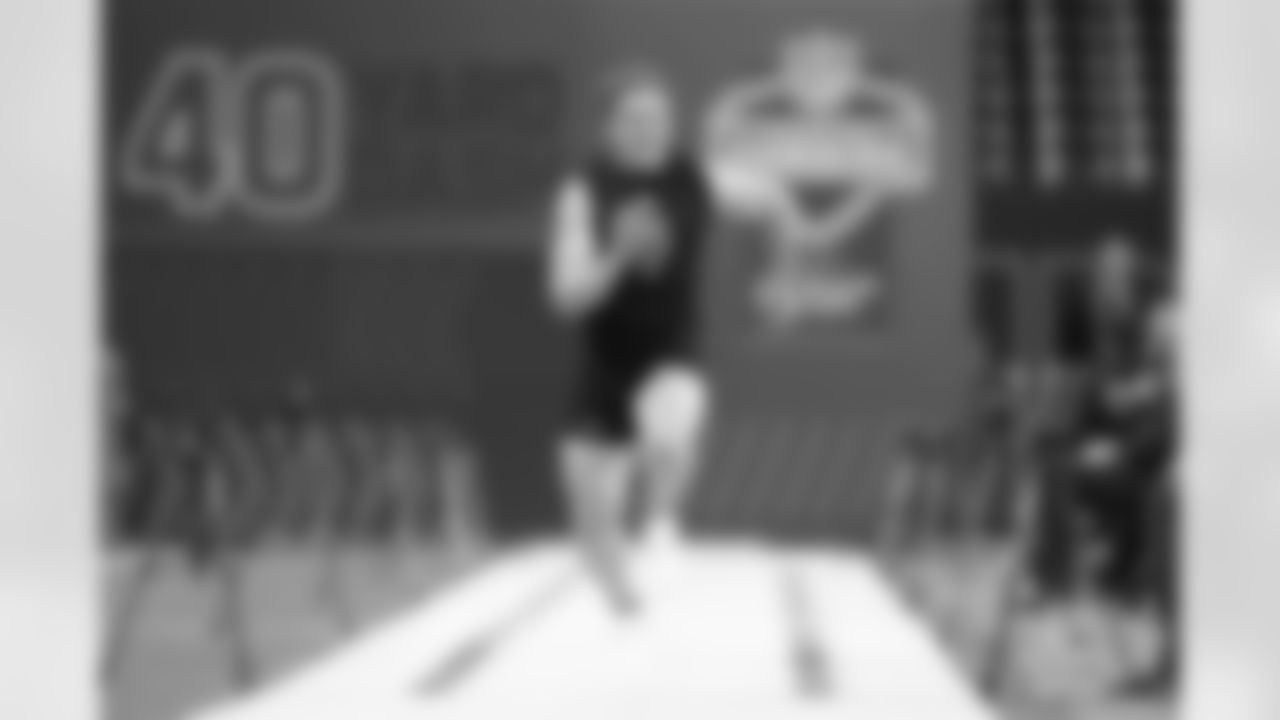 North Dakota State quarterback Cole Payton (15) runs the 40-yard dash at the NFL football scouting combine in Indianapolis, Saturday, Feb. 28, 2026. (AP Photo/Michael Conroy)