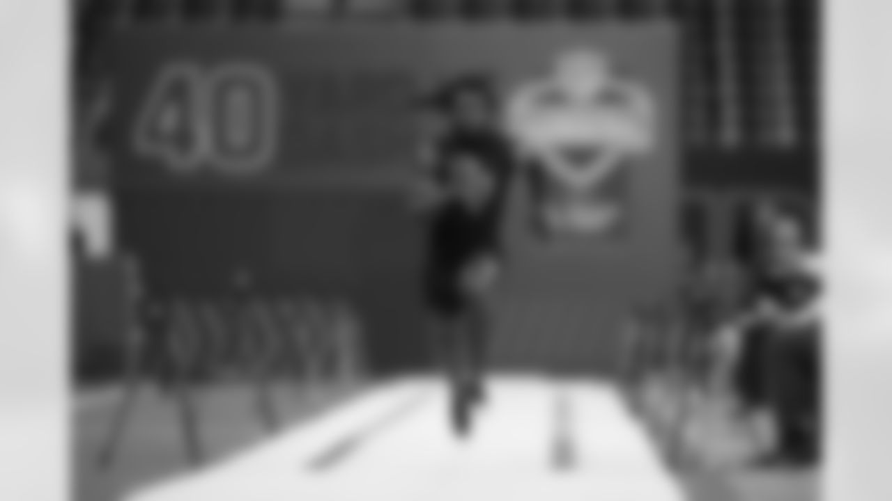 Wake Forest running back Demond Claiborne (03) runs the 40-yard dash at the NFL football scouting combine in Indianapolis, Saturday, Feb. 28, 2026. (AP Photo/Julio Cortez)