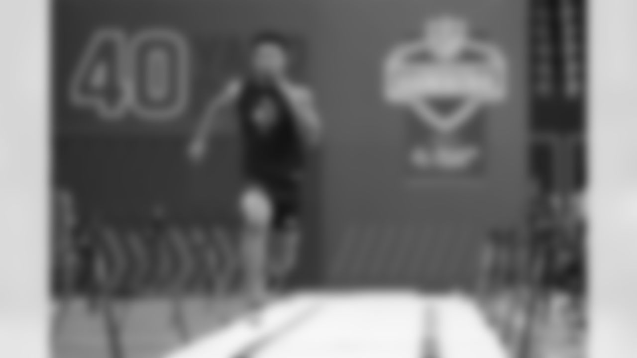 Iowa defensive back Xavier Nwankpa (43) runs the 40-yard dash at the NFL football scouting combine in Indianapolis, Friday, Feb. 27, 2026. (AP Photo/Julio Cortez)