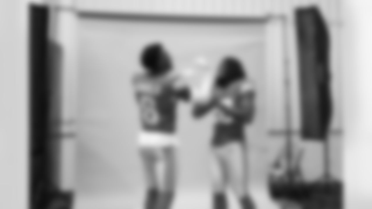 Detroit Lions cornerback Terrion Arnold (6) and Detroit Lions cornerback Morice Norris (26) doing a handshake on set during the 2025 media day at the Meijer Performance Center on June 2, 2025 in Allen Park, Mich. (Katie Quinlan/Detroit Lions)