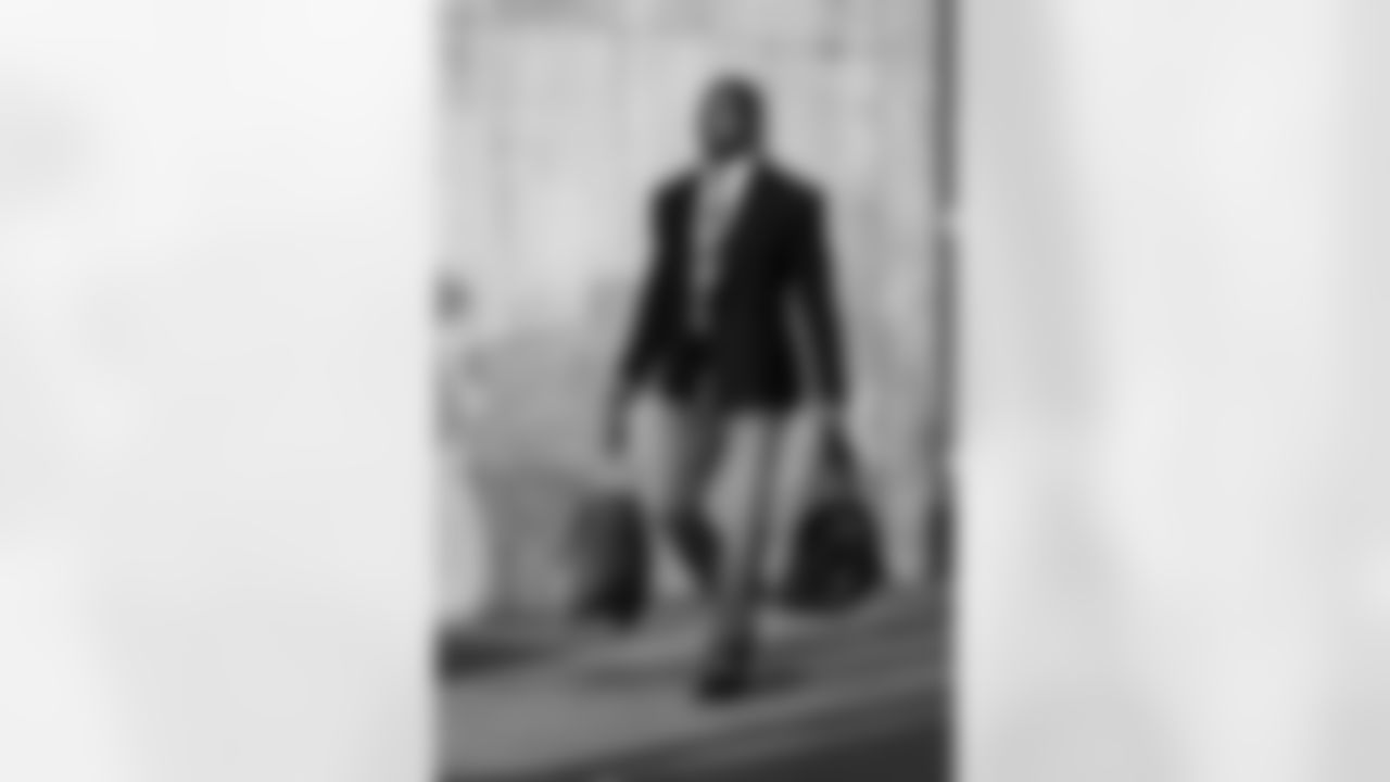 Detroit Lions edge rusher Al-Quadin Muhammad (96) arrives before an NFL football game against the Kansas City Chiefs on Sunday, Oct. 12, 2025 in Kansas City, MO. (Jeff Nguyen/Detroit Lions via AP)