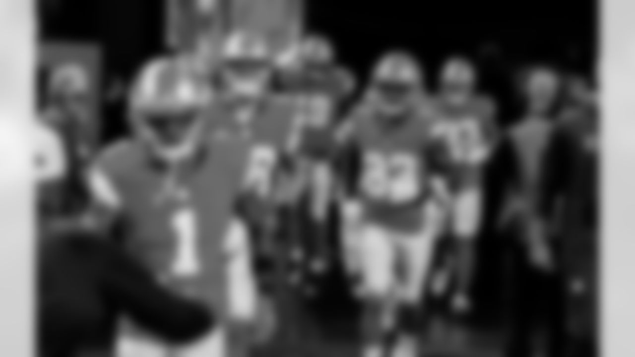 Detroit Lions wide receiver Maurice Alexander (1) and Detroit Lions wide receiver Isaiah Williams (83) before an NFL preseason game against the Pittsburgh Steelers on August 24, 2024 in Detroit. (Jeff Nguyen/Detroit Lions via AP)