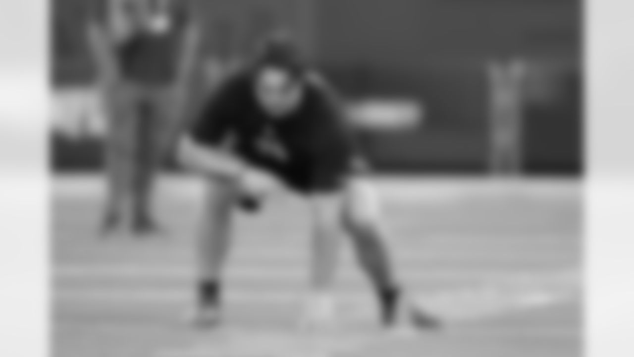 Clemson offensive lineman Blake Miller (35) runs a drill at the NFL football scouting combine in Indianapolis, Sunday, March 1, 2026. (AP Photo/Michael Conroy)