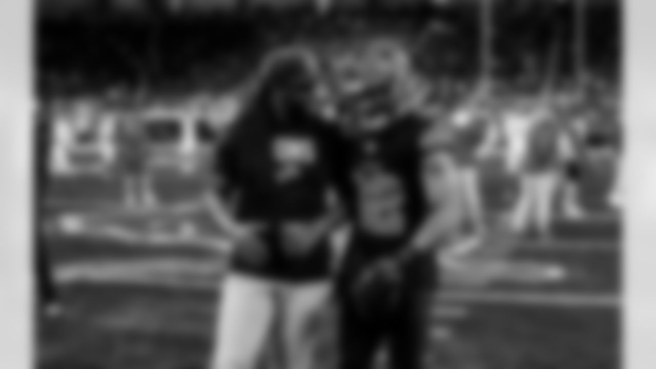 Detroit Lions defensive coordinator Kelvin Sheppard and Detroit Lions defensive back Brian Branch (32) before to an NFL football game against the New York Giants on Sunday, Nov. 23, 2025 in Detroit. (Jeff Nguyen/Detroit Lions via AP)