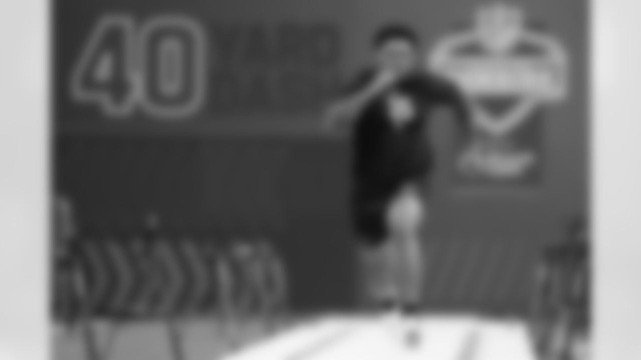 Clemson defensive lineman T.J. Parker (55) runs the 40-yard dash at the NFL football scouting combine in Indianapolis, Thursday, Feb. 26, 2026. (AP Photo/Julio Cortez)