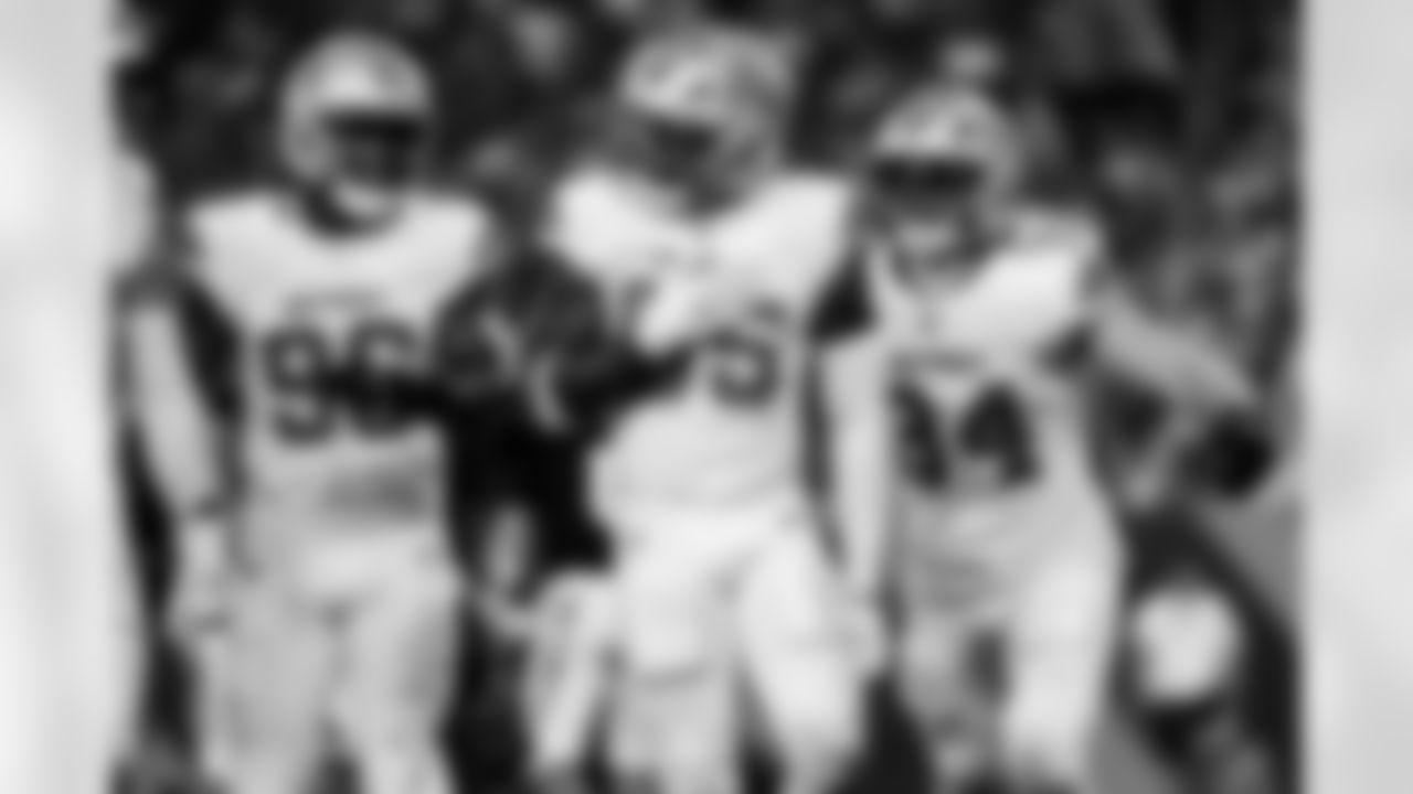 Detroit Lions edge rusher Al-Quadin Muhammad (96), Detroit Lions linebacker Derrick Barnes (55), and Detroit Lions linebacker Alex Anzalone (34) during an NFL football game against the Cincinnati Bengals on Sunday, Oct. 5, 2025 in Cincinnati. (Jeff Nguyen/Detroit Lions via AP)