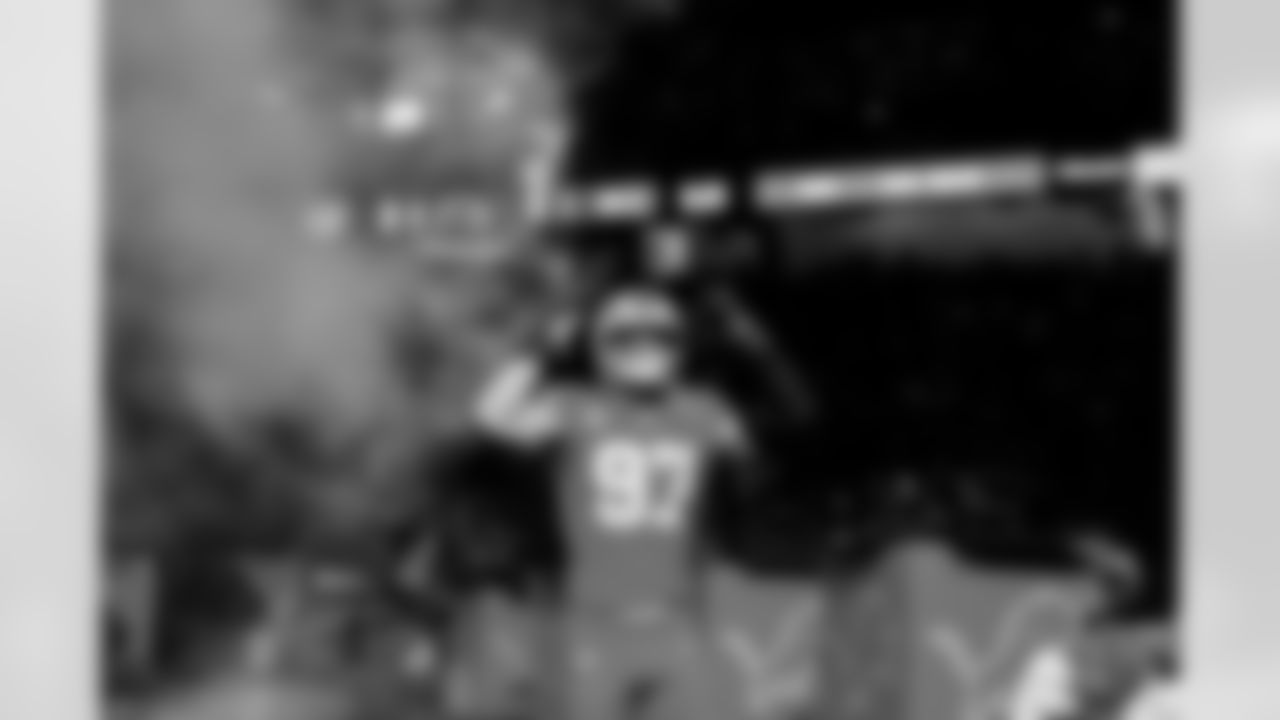 Detroit Lions edge rusher Aidan Hutchinson (97) before an NFL football game against the Chicago Bears on Sunday, Sept. 14, 2025 in Detroit. (Jeff Nguyen/Detroit Lions via AP)