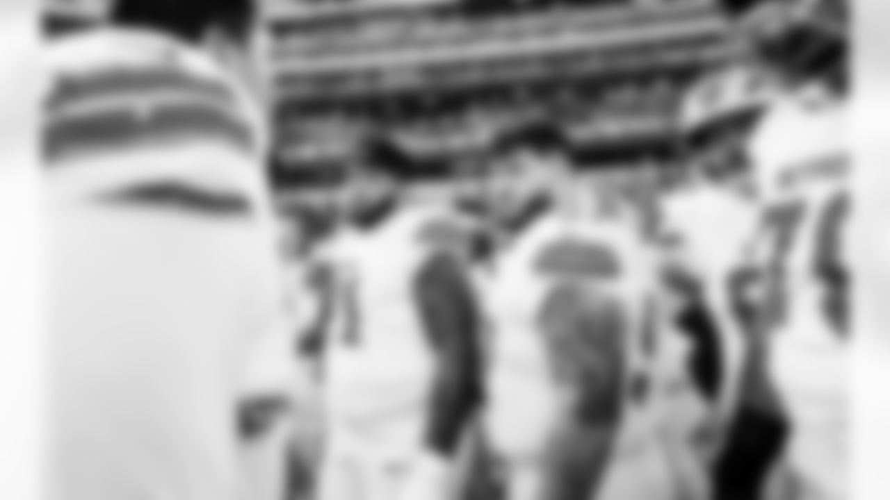 Detroit Lions offensive lineman Miles Frazier (71) and Detroit Lions offensive lineman Trystan Colon (57) before an NFL football game against the Los Angeles Rams on Sunday, Dec. 14, 2025 in Inglewood, Calif. (Jeff Nguyen/Detroit Lions via AP)