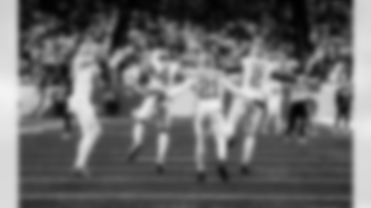 Detroit Lions edge rusher Aidan Hutchinson (97), Detroit Lions cornerback D.J. Reed (4), Detroit Lions cornerback Amik Robertson (21), and Detroit Lions safety Daniel Thomas (2) during an NFL football game against the Dallas Cowboys on Thursday, Dec. 4, 2025 in Detroit. (Jeff Nguyen/Detroit Lions via AP)