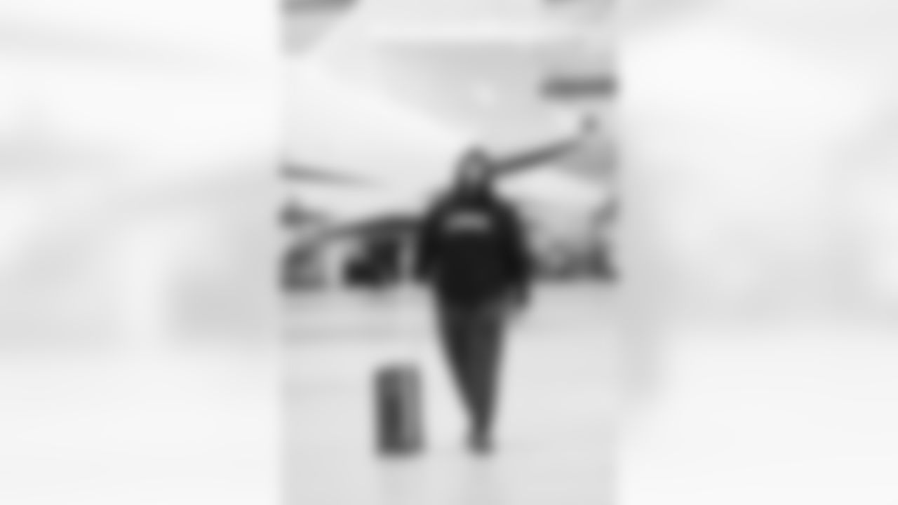 Detroit Lions offensive lineman Trystan Colon (57) travels to Los Angeles on Nov. 13, 2025. (Jeff Nguyen/Detroit Lions via AP)