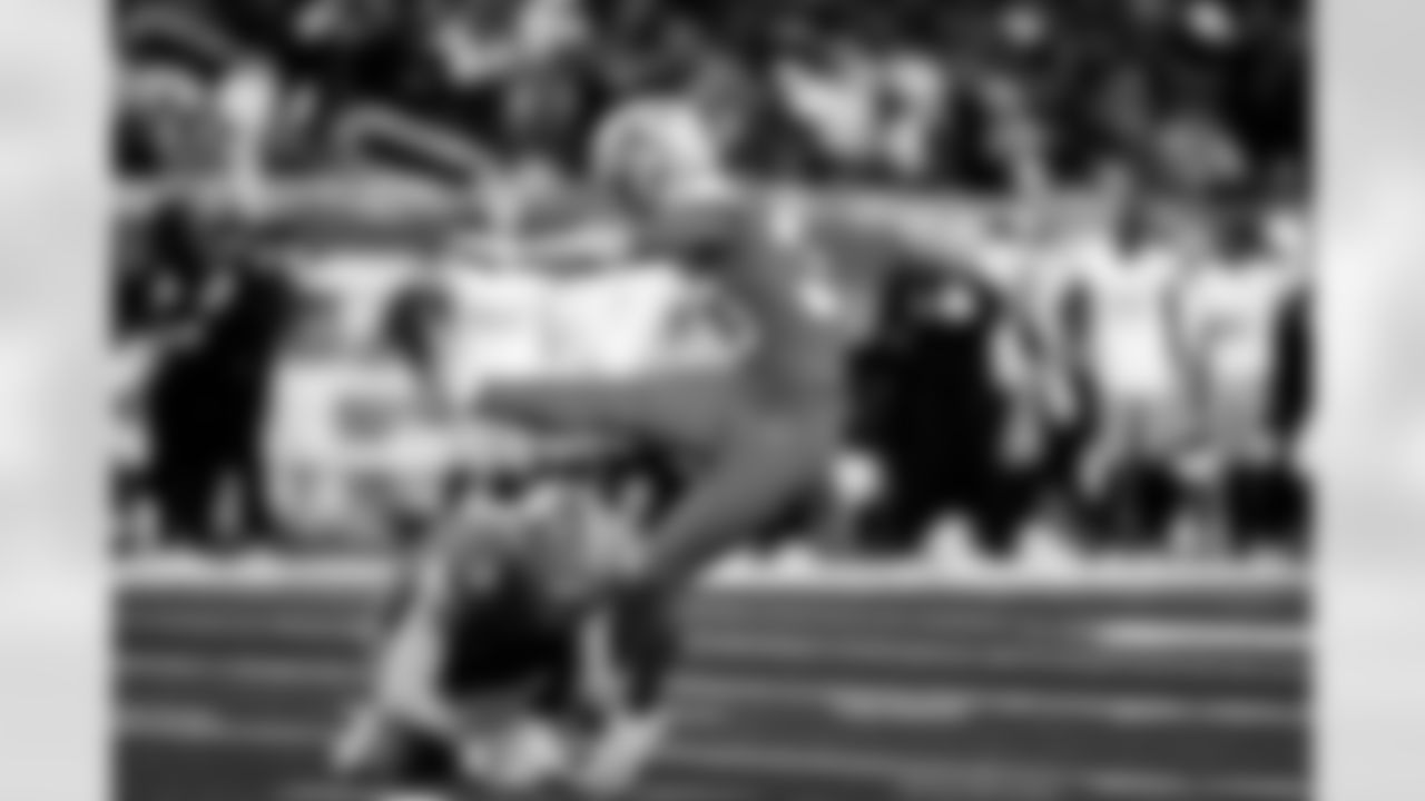 Detroit Lions punter Jack Fox (3) and Detroit Lions kicker Jake Bates (39) during an NFL football game against the Pittsburgh Steelers on Sunday, Dec. 21, 2025 in Detroit. (Jeff Nguyen/Detroit Lions via AP)