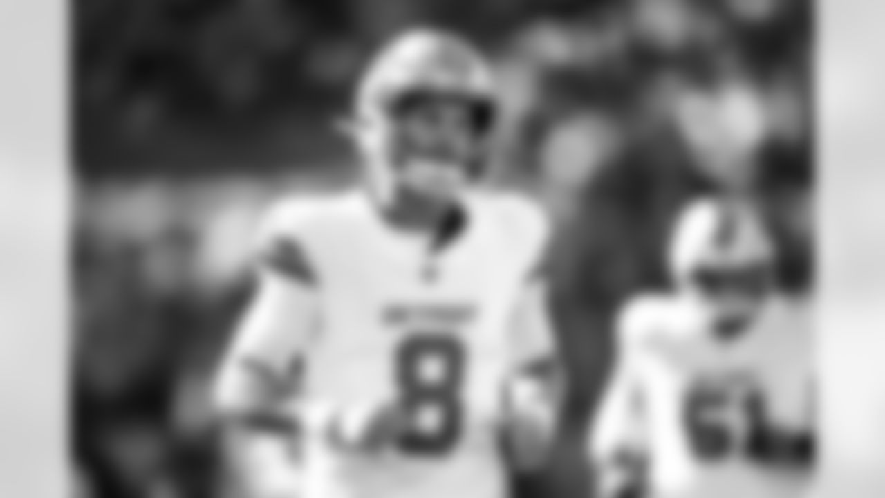 Detroit Lions quarterback Kyle Allen (8) before an NFL football game against the Cincinnati Bengals on Sunday, Oct. 5, 2025 in Cincinnati. (Jeff Nguyen/Detroit Lions via AP)