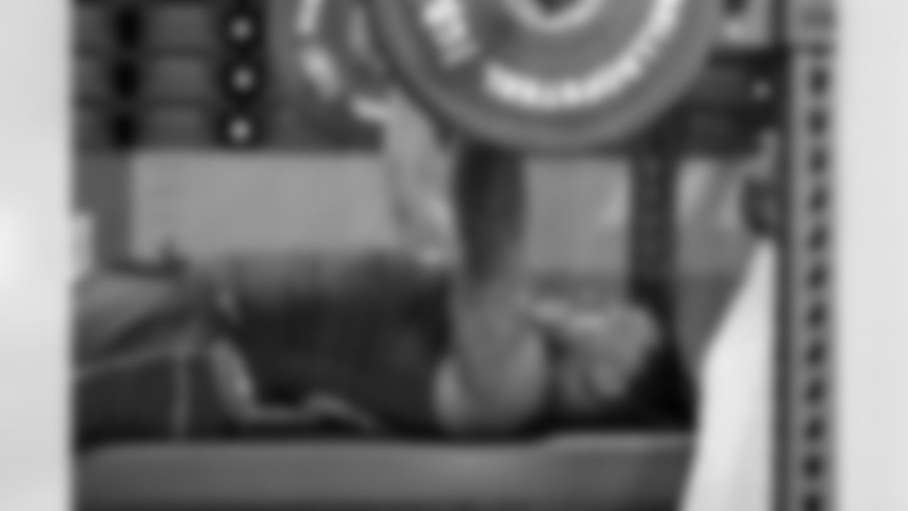 Washington running back Jonah Coleman (04) participates in the bench press drill at the NFL football scouting combine, Sunday, March 1, 2026, in Indianapolis. (Gregory Payan/AP Content Services for NFL)