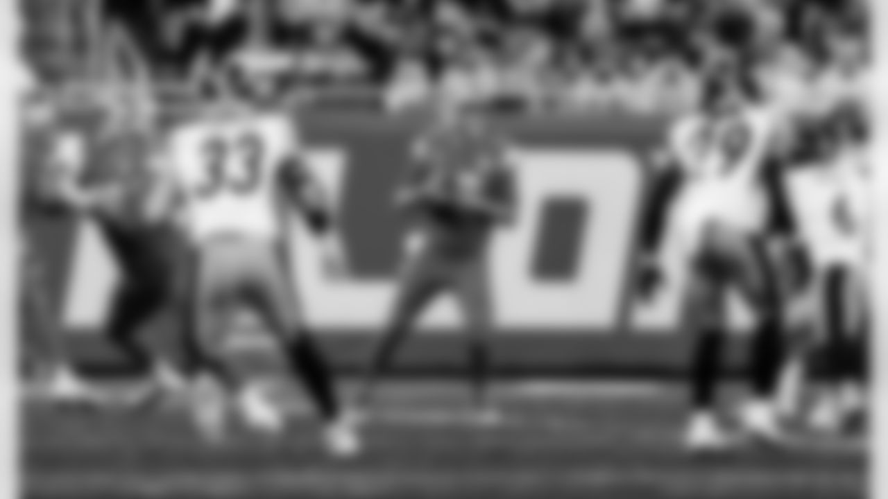 Detroit Lions offensive lineman Tate Ratledge (69) and Detroit Lions quarterback Jared Goff (16) during an NFL football game against the Pittsburgh Steelers on Sunday, Dec. 21, 2025 in Detroit. (Jeff Nguyen/Detroit Lions via AP)