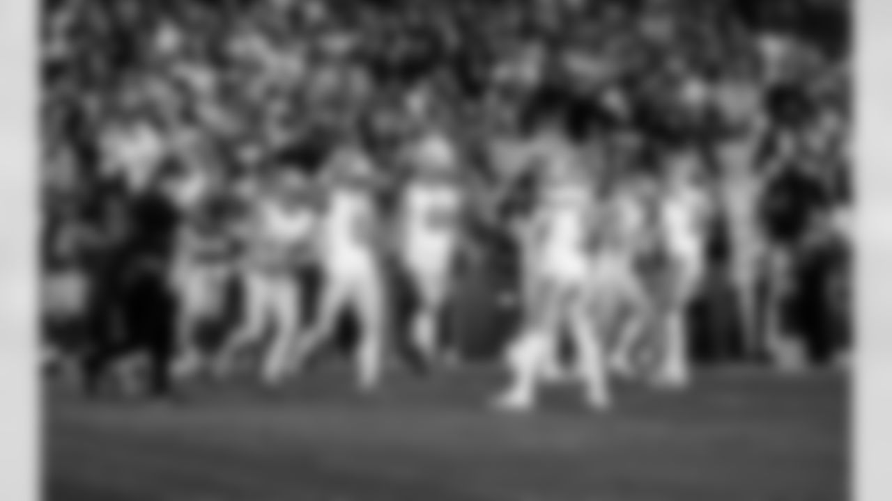 Detroit Lions running back Jahmyr Gibbs (0) and Detroit Lions running back David Montgomery (5) celebrate after a touchdown during an NFL football game against the Washington Commanders on Sunday, Nov. 9, 2025 in Landover, Md. (Jeff Nguyen/Detroit Lions via AP)