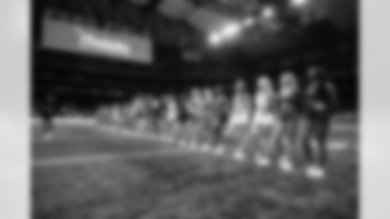 Contestants stand in front of the judges after the Detroit Lions Cheerleaders auditions at Ford Field on May 5, 2025 in Detroit. (Mike Ferdinande/Detroit Lions)