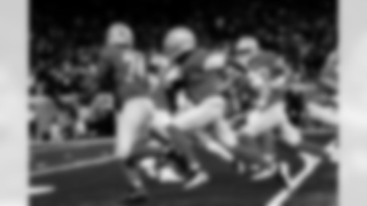 Detroit Lions guard Kayode Awosika (74), Detroit Lions wide receiver Jameson Williams (1) and Detroit Lions wide receiver Tom Kennedy (85) during an NFL football game against the Green Bay Packers on Thursday, Nov. 27, 2025 in Detroit. (Jeff Nguyen/Detroit Lions via AP)