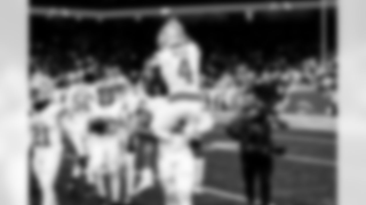 Detroit Lions linebacker Derrick Barnes (55) and Detroit Lions cornerback D.J. Reed (4) during an NFL football game against the Dallas Cowboys on Thursday, Dec. 4, 2025 in Detroit. (Jeff Nguyen/Detroit Lions via AP)