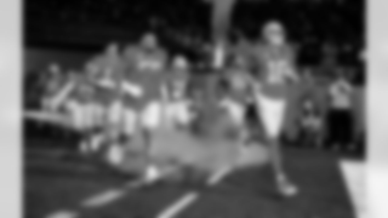 Detroit Lions tackle Penei Sewell (58), Detroit Lions guard Kayode Awosika (74), Detroit Lions tackle Taylor Decker (68), and Detroit Lions quarterback Jared Goff (16) before an NFL football game against the Green Bay Packers on Thursday, Nov. 27, 2025 in Detroit. (Jeff Nguyen/Detroit Lions via AP)