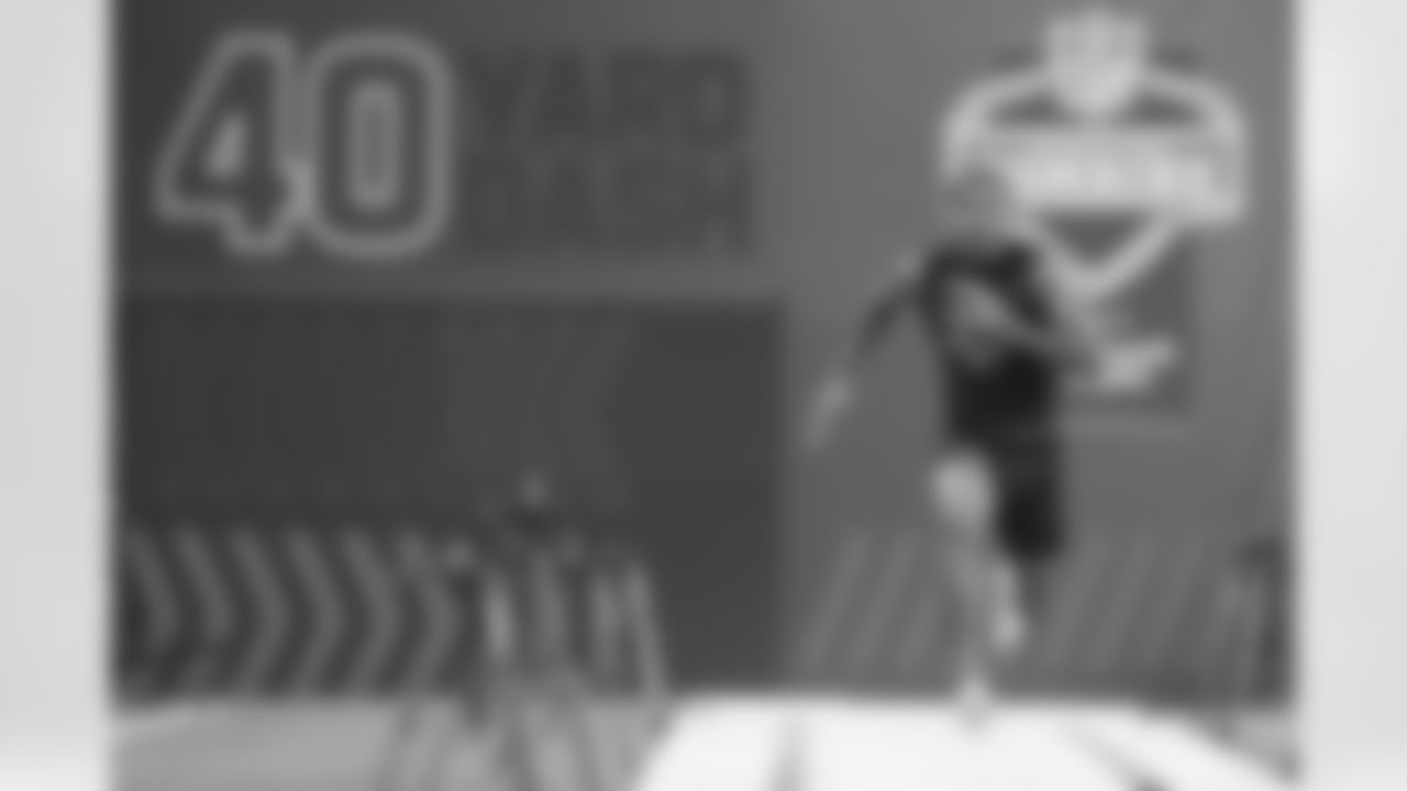 Georgia wide receiver Dominic Lovett runs the 40-yard dash at the NFL football scouting combine in Indianapolis, Saturday, March 1, 2025. (AP Photo/Michael Conroy)