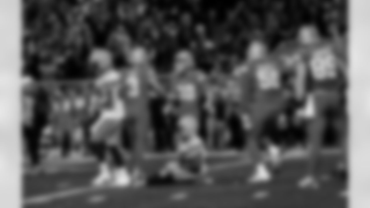 Detroit Lions punter Jack Fox (3), Detroit Lions kicker Jake Bates (39), and Detroit Lions tackle Penei Sewell (58) celebrate after a game-winning field goal during an NFL football game against the Green Bay Packers on Dec. 5, 2024 in Detroit. (Josh Mandujano/Detroit Lions via AP)