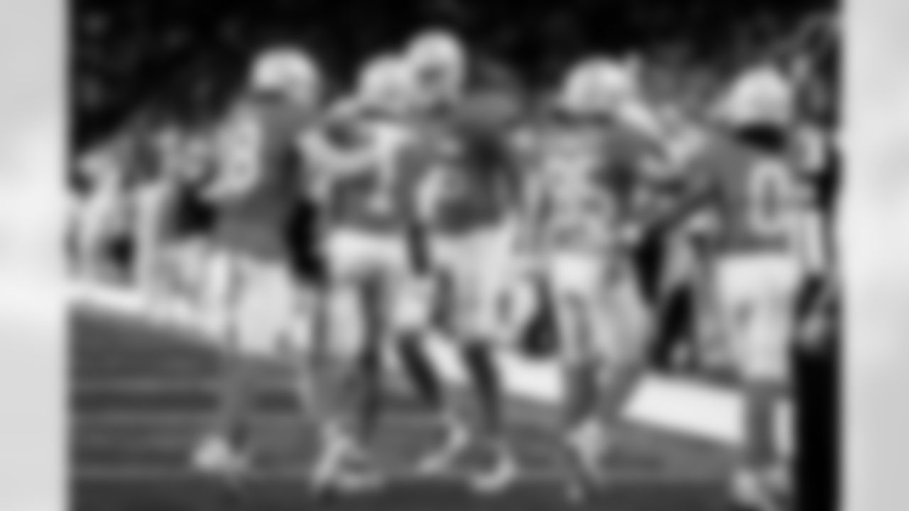 Detroit Lions wide receiver Isaac TeSlaa (18), Detroit Lions wide receiver Jameson Williams (1) and 1Detroit Lions cornerback Terrion Arnold (6) celebrate after a touchdown during an NFL football game against the Green Bay Packers on Thursday, Nov. 27, 2025 in Detroit. (Jeff Nguyen/Detroit Lions via AP)