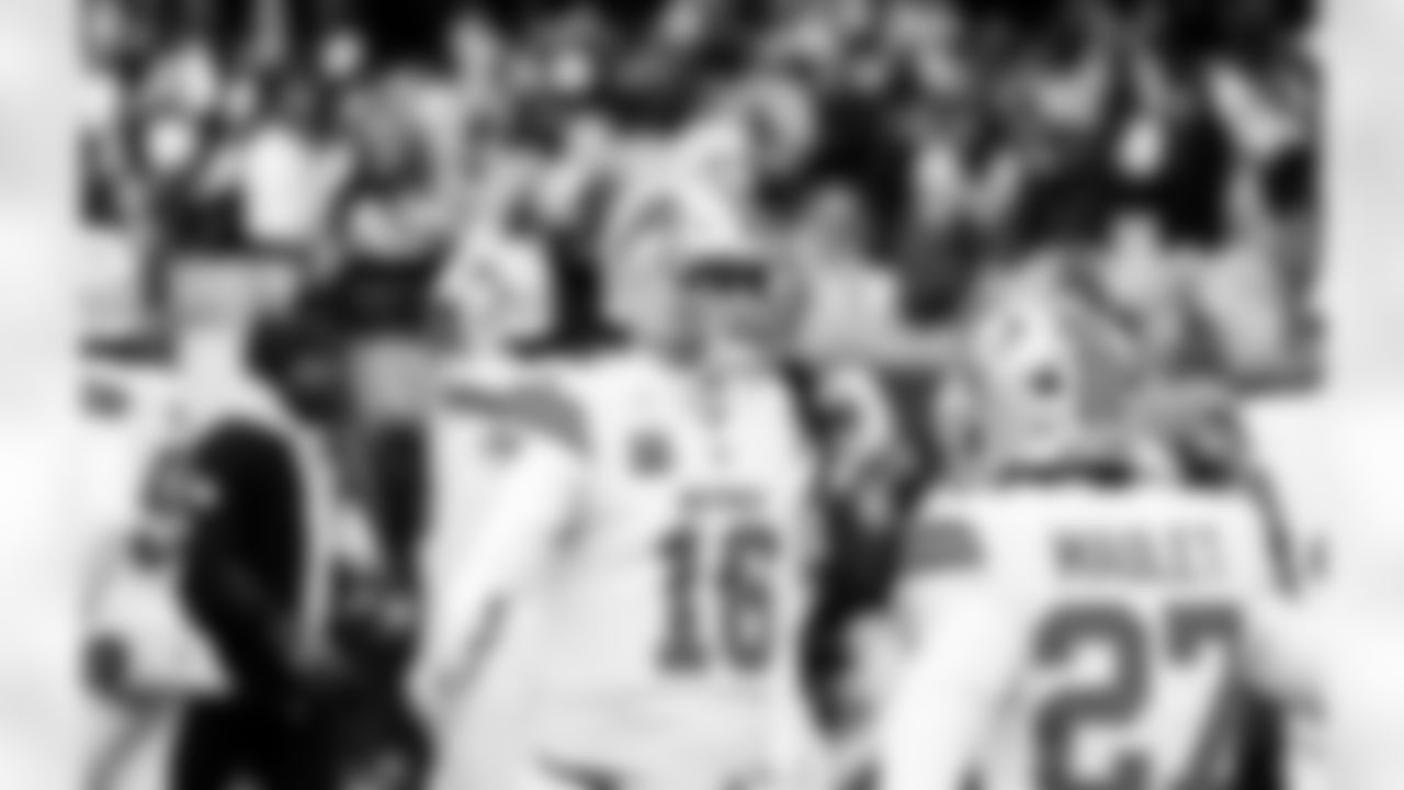 Detroit Lions quarterback Jared Goff (16) and Detroit Lions cornerback Arthur Maulet (27) before an NFL football game against the Chicago Bears on Sunday, Jan. 4, 2026 in Chicago. (Jeff Nguyen/Detroit Lions via AP)