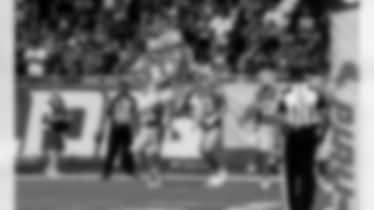 Detroit Lions wide receiver Isaac TeSlaa (18) and Detroit Lions quarterback Kyle Allen (8) celebrate after a touchdown during an NFL football game against the Miami Dolphins, Saturday, August 16 in Detroit. (Jeff Nguyen/Detroit Lions via AP)