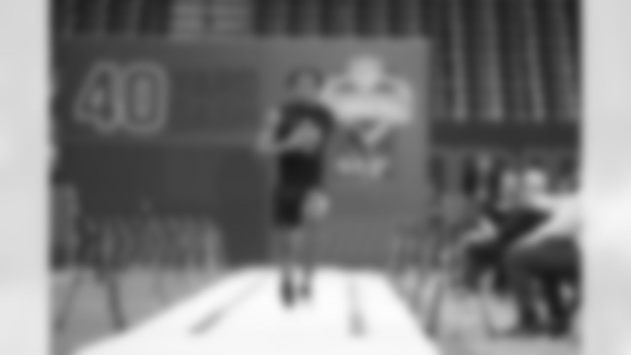 UConn wide receiver Skyler Bell (05) runs the 40-yard dash at the NFL football scouting combine in Indianapolis, Saturday, Feb. 28, 2026. (AP Photo/Michael Conroy)