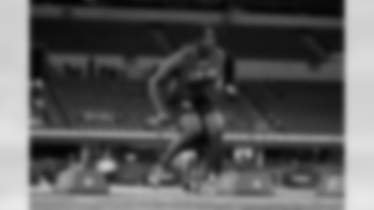 Mississippi State linebacker Tyrus Wheat runs a drill at the NFL football scouting combine in Indianapolis, Thursday, March 2, 2023. (AP Photo/Michael Conroy)