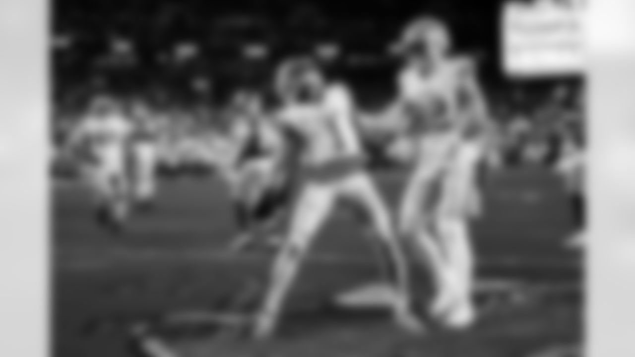 Detroit Lions wide receiver Jameson Williams (1) and Detroit Lions tight end Ross Dwelley (82) celebrate after a touchdown during an NFL football game against the Washington Commanders on Sunday, Nov. 9, 2025 in Landover, Md. (Jeff Nguyen/Detroit Lions via AP)