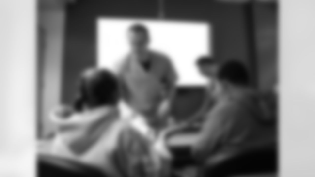 Students and a HFH employee doing an activity during a Detroit Lions Academy health and wellness field trip at the Henry Ford Health campus on Feb. 27, 2026 in Detroit. (Izzy Rincon/Detroit Lions)