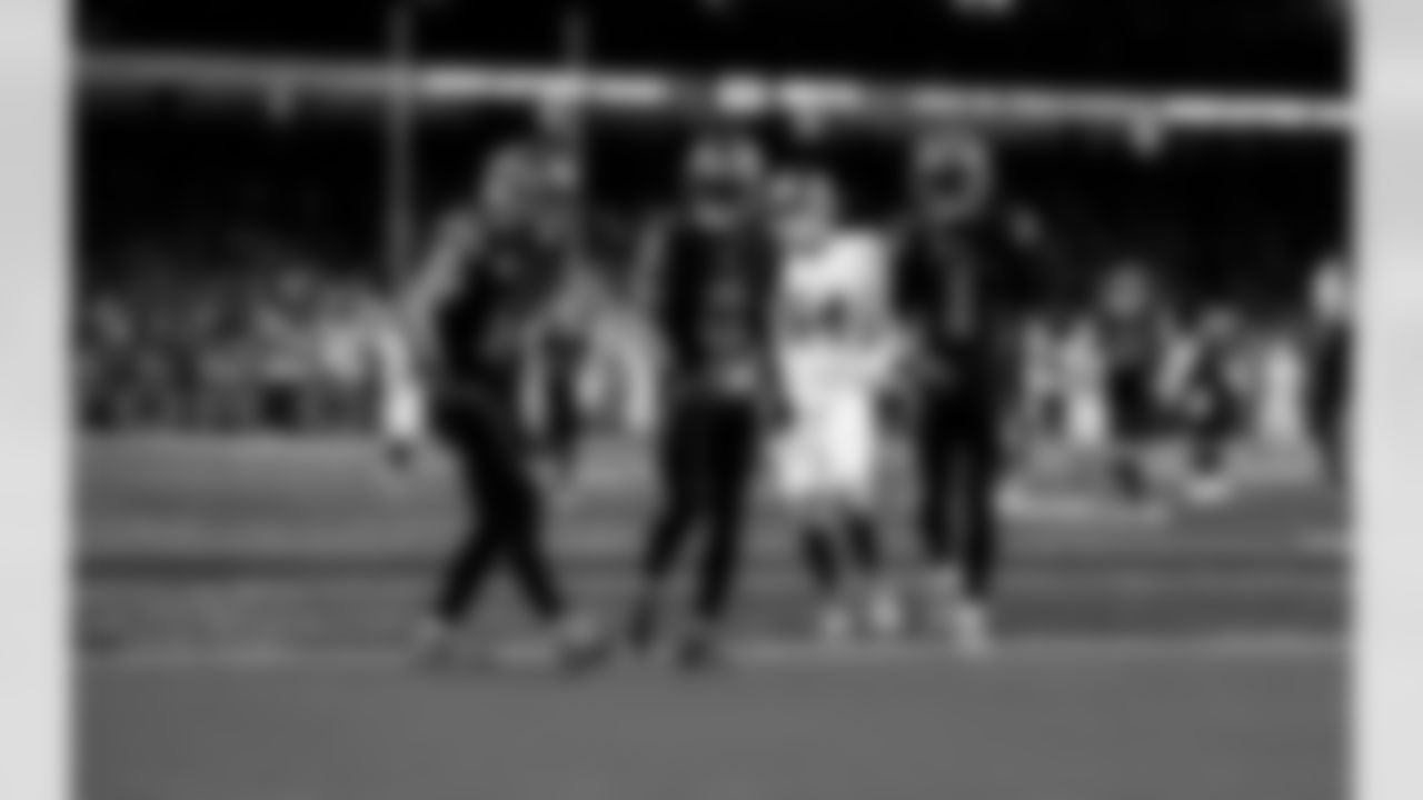 Detroit Lions wide receiver Amon-Ra St. Brown (14), Detroit Lions running back Jahmyr Gibbs (0), and Detroit Lions wide receiver Jameson Williams (1) after a touchdown during an NFL football game against the New York Giants on Sunday, Nov. 23, 2025 in Detroit. (Jeff Nguyen/Detroit Lions via AP)