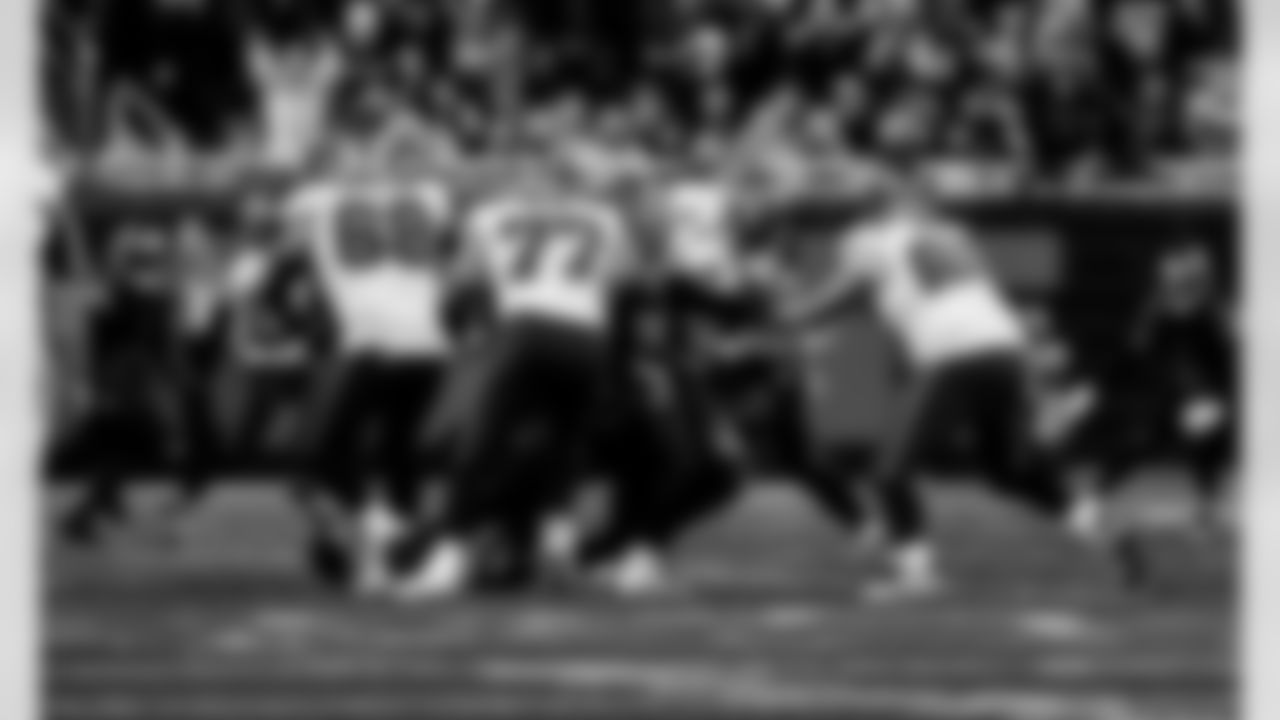Detroit Lions edge rusher Al-Quadin Muhammad (96) strip sacks Tampa Bay Buccaneers quarterback Baker Mayfield (6) during an NFL football game against the Tampa Bay Buccaneers on Monday, Oct. 20, 2025 in Detroit. (Jeff Nguyen/Detroit Lions via AP)