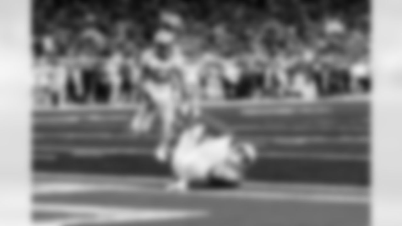 Detroit Lions wide receiver Isaac TeSlaa (18) scores a touchdown during an NFL football game against the Green Bay Packers on Thursday, Nov. 27, 2025 in Detroit. (Jeff Nguyen/Detroit Lions via AP)