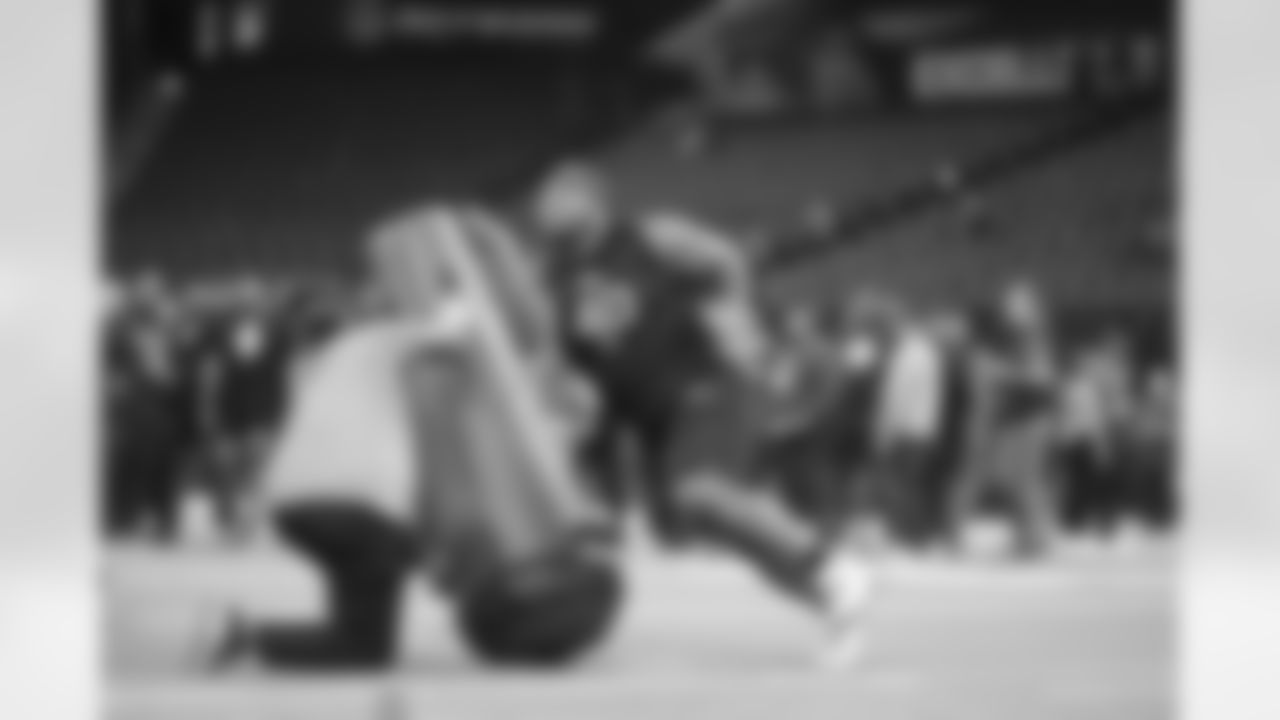 Ohio State defensive lineman Tyleik Williams runs a drill at the NFL football scouting combine in Indianapolis, Thursday, Feb. 27, 2025. (AP Photo/Michael Conroy)