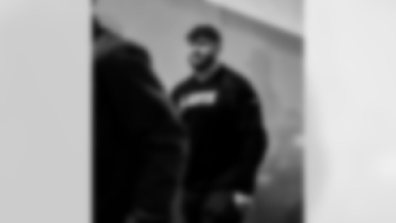 Detroit Lions offensive lineman Trystan Colon (57) arrives to an NFL football game against the Los Angeles Rams on Sunday, Dec. 14, 2025 in Inglewood, Calif. (Jeff Nguyen/Detroit Lions via AP)